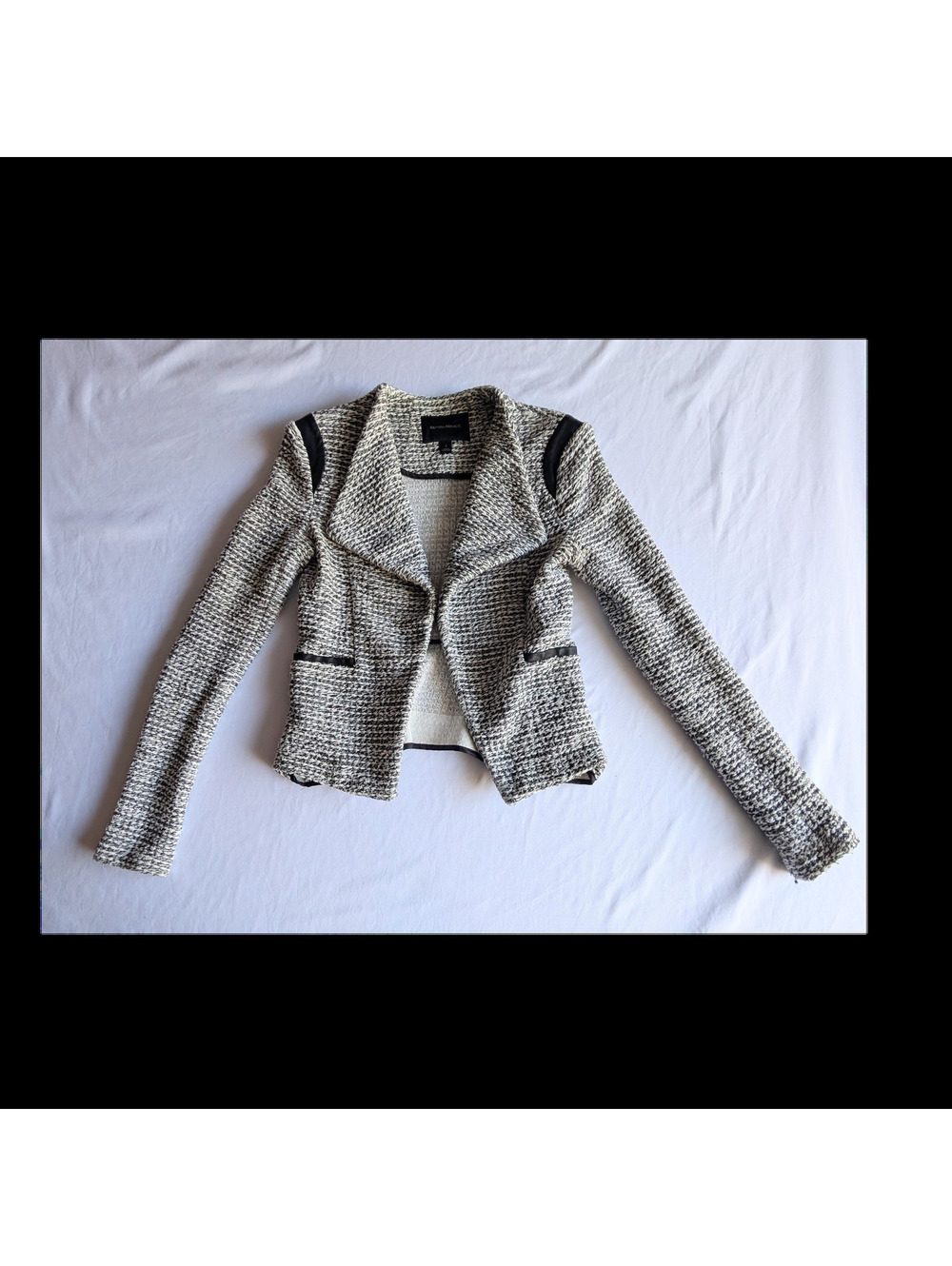 Banana Republic Tweed Geometric Faux Leather Trim Blazer Black White Size 2